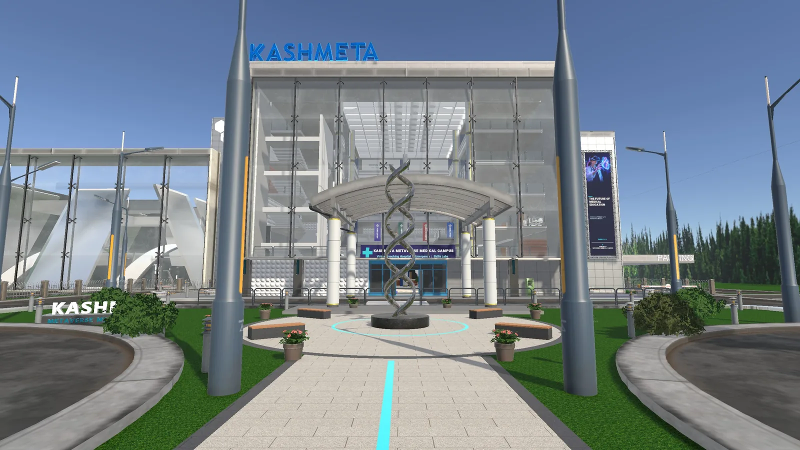The Kashmeta virtual medical campus: main entrance and sculpture plaza